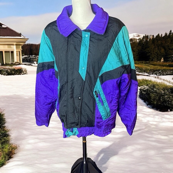 Vtg 90s S.K.I Ski Puffer Nylon Jacket Raincoat Purple Teal Black Women’s Sz L/XL - Picture 1 of 7